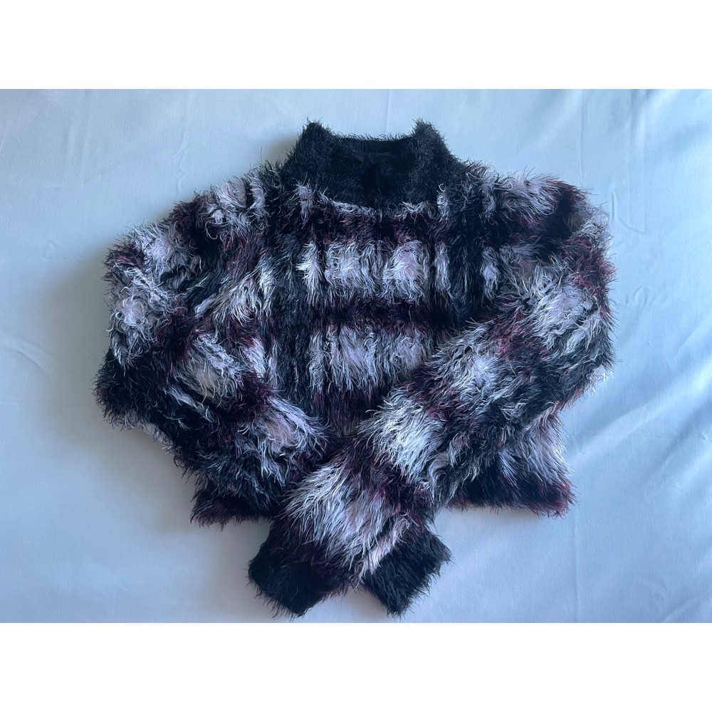 Current Mood Dolls Kill Plaid Eyelash Knit Fuzzy Sweater Black Purple Small